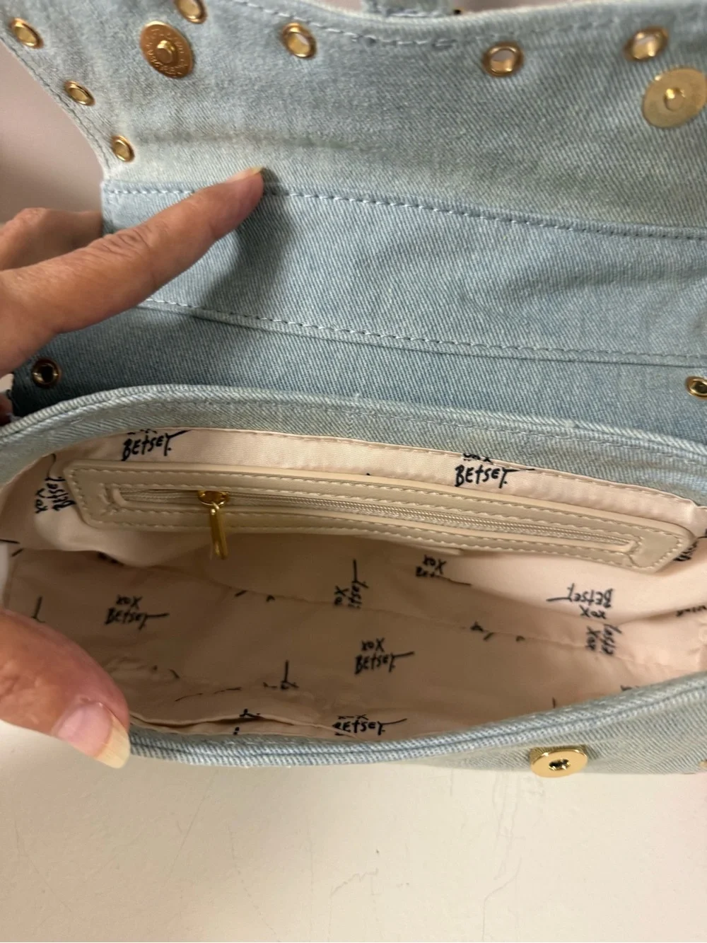 NWT Betsey Johnson Denim Shoulder Bag with Gold Buckle